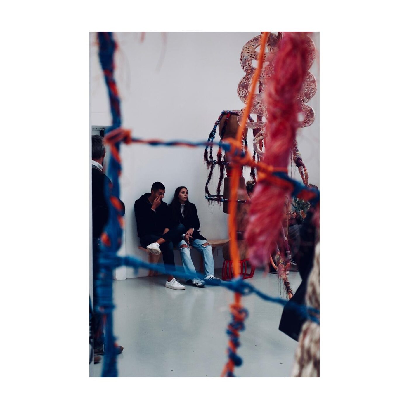 Tangled string and yarn art installation