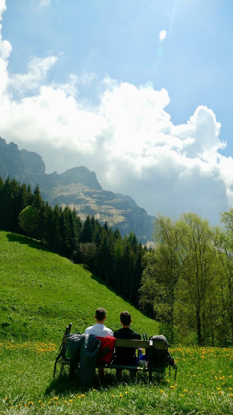 Green mountain landscape with a picnic