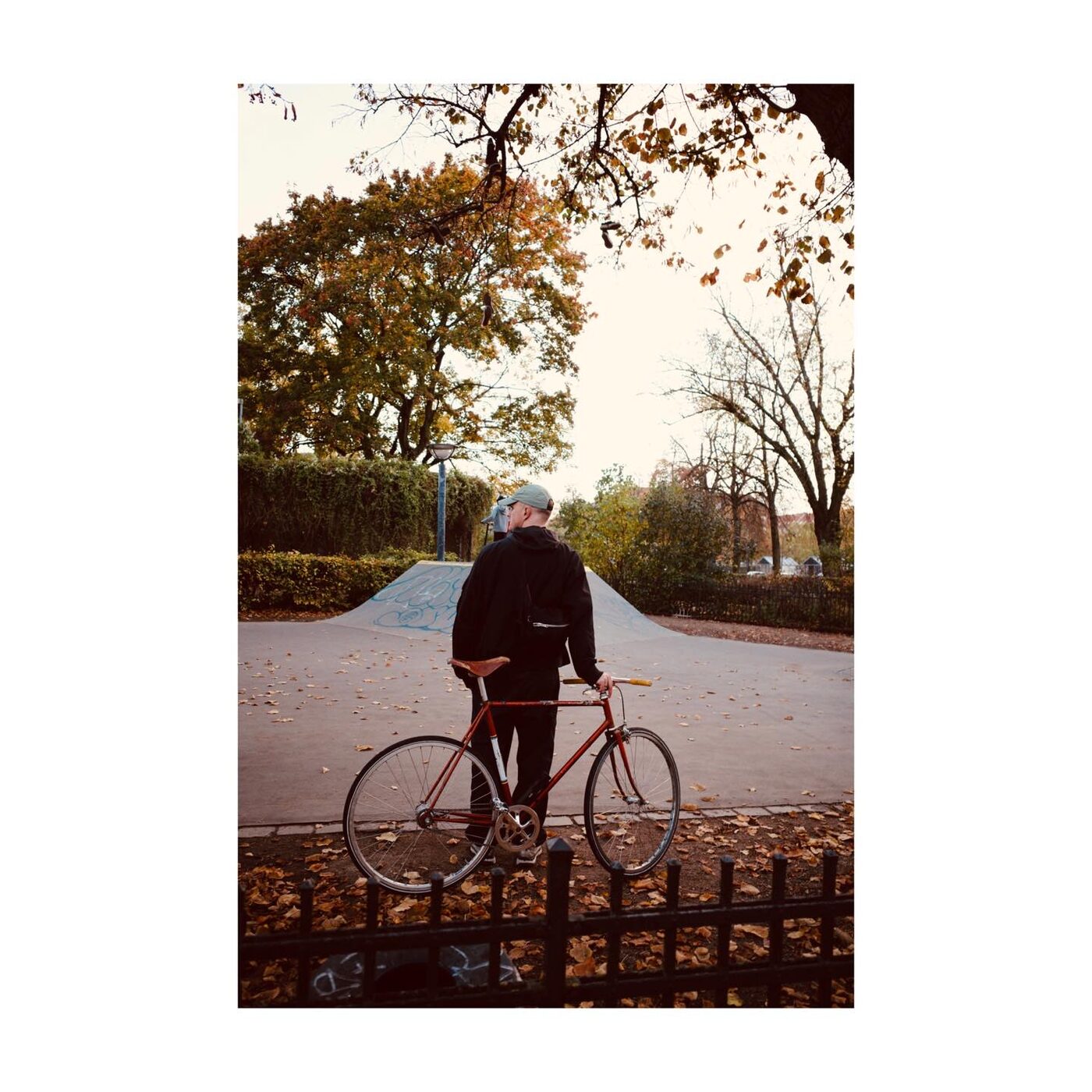 A person walking along a park path in fall